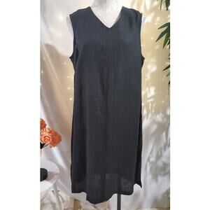 Vtg J London Naturals 100% Linen Sleeveless V-Neck Shift Dress Size 14 Black